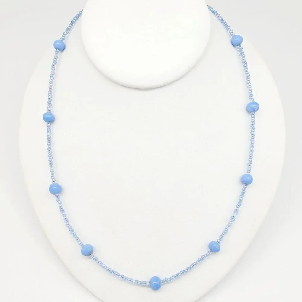 Blue Swirl Glass Beaded Necklace AB Seed Beads 20